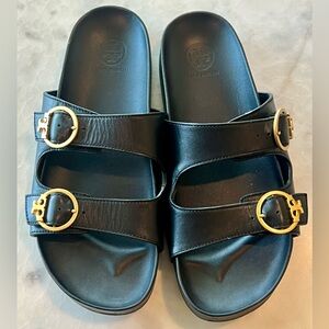 TORY BURCH Black Leather sandals with gold buckles Wonens size 10